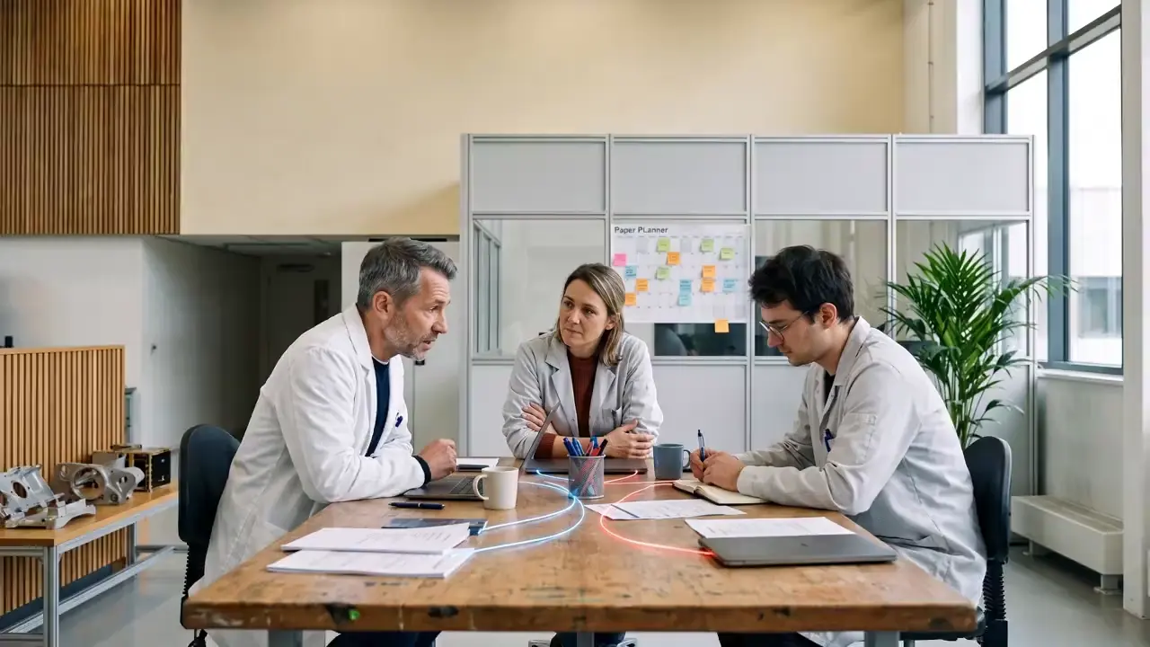 Three colleagues going through their agents at a table