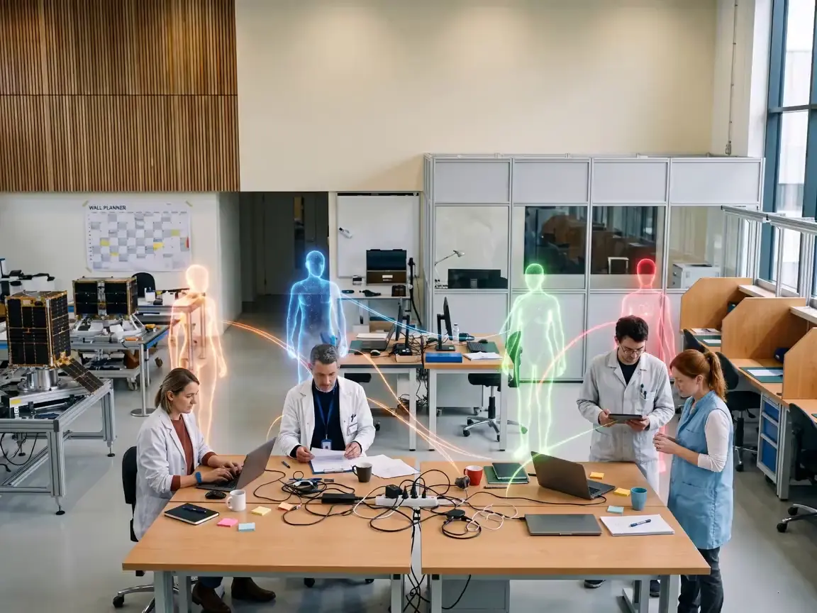 A busy workspace where work passes between several people