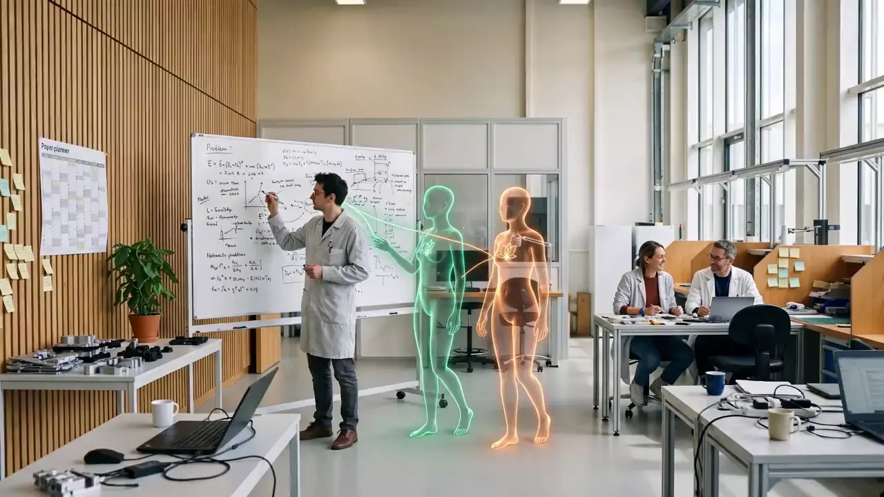 A team at a whiteboard working through something together